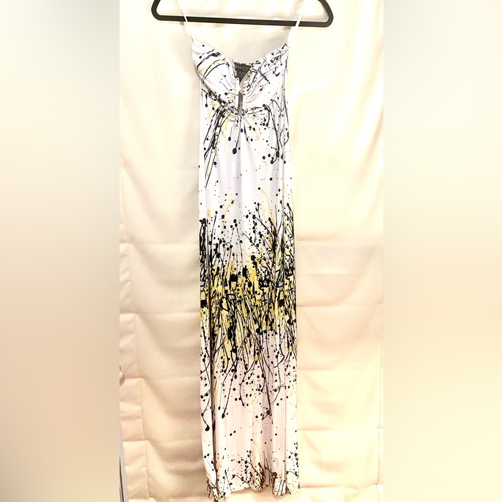Size XS Paint Splatter Stretch Strapless Maxi Dress/ Gown w Gold Bust Detail